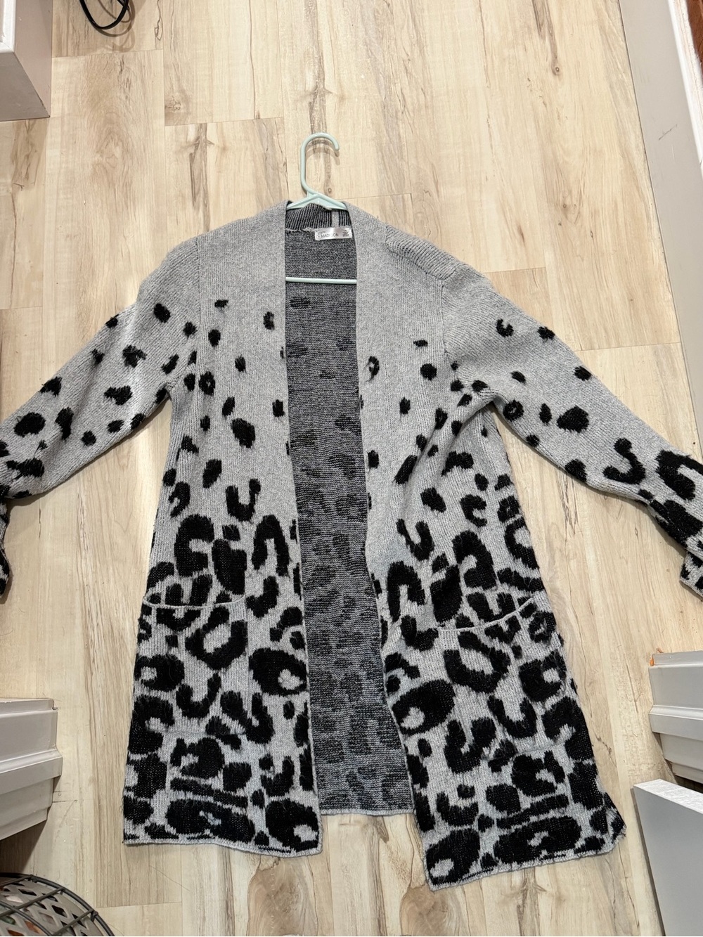 Gray Leopard Print Open-Front Women's Sweater Cardigan